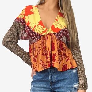 Free People Aloha State of Mind Patchwork V-neck Cropped Top Size S